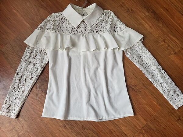 Святкова біла блуза на дівчику блузка нарядна шкільна 146