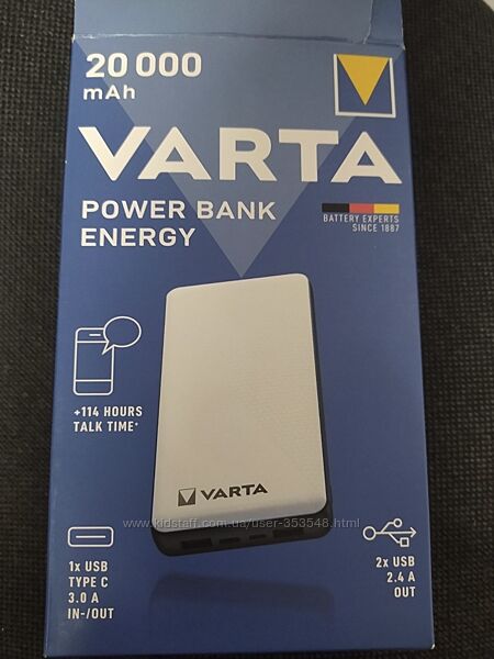 Потужний швидкісний павербанк Powerbank Varta Fast Energy 20000