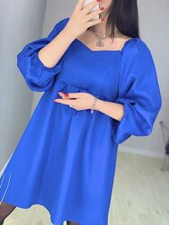 Шикарное синее платье с объёмными рукавами