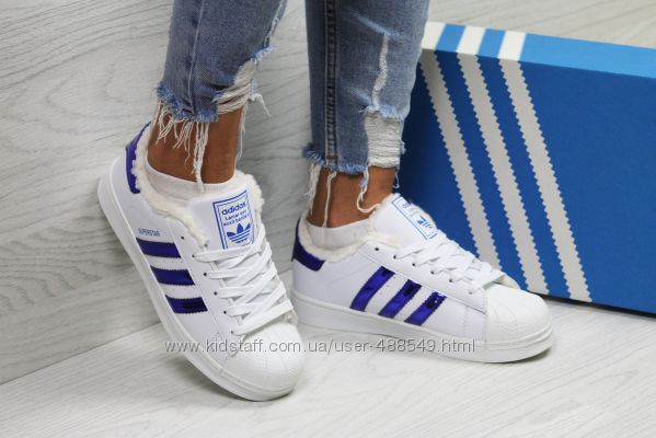  Зимние женские кроссовки Adidas Superstar whiteblue