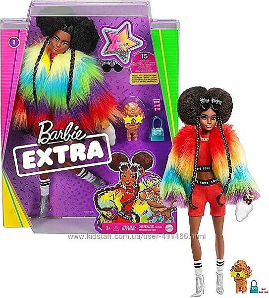 Barbie Extra Doll 1 in Furry Rainbow Coat with Pet Poodle барби екстра 1