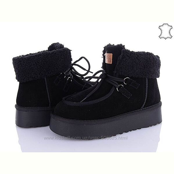 Жіночі замшеві чорні уггі на потовщенній підошві, на шнурках, натур замша