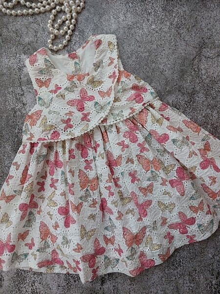 Красивейшее пышное хлопковое выбитое платье прошва бабочки Matalan 9-18мес