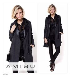 Короткое пальто куртка косуха шерсть кожаные вставки бренд - AMISU оригинал