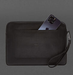  Кожаный чехол для ноутбука на молнии с карманом и хлястиком на руку черный