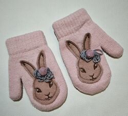 Теплі рожеві рукавички з зайчиками р. 7-9 років