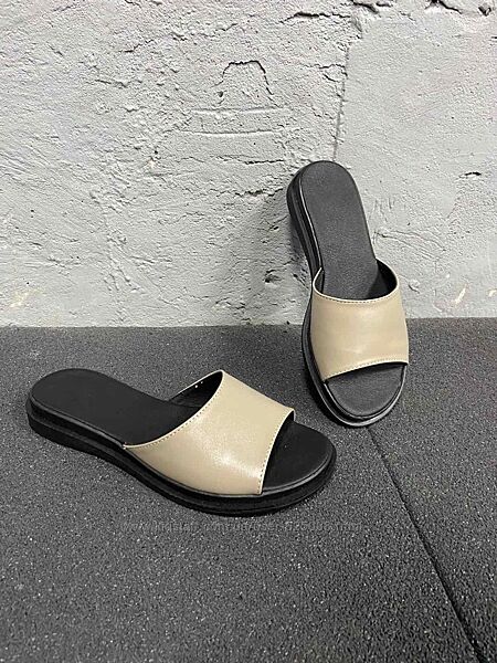 Жіночі шльопки з Натуральноі шкіри беж кольору