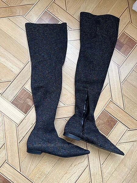 Zara ботфорты чулки, высокие сапоги блеск 42 размер, стелька 27 см