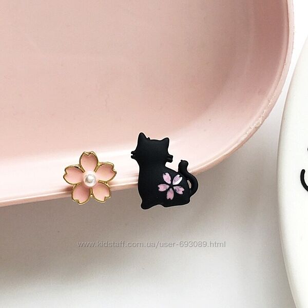 Детские сережки черный кот с цветком, серьги для детей
