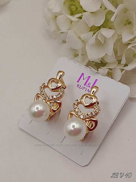 красивые серьги с фианитами и жемчугом майорка, позолота