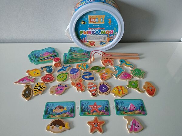 Деревянная игра рыбалка в ведерке с удочками и карточками. В наличии.