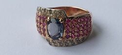 Золотое кольцо 585 пр . бриллианты, рубины,  турмалин
