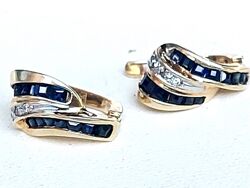 Золотые серьги 585 пр. с бриллиантами 0.05 и сапфирами 1.5кт