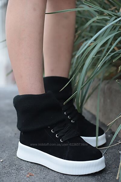 Черевики з довязом на платформі. Демі та Зима Натуральна замша. 4 кольора