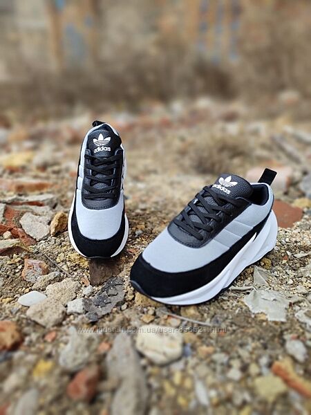 Кроссовки Adidas SHARK кожаные с замшевой вставочкой черные и серые 2023