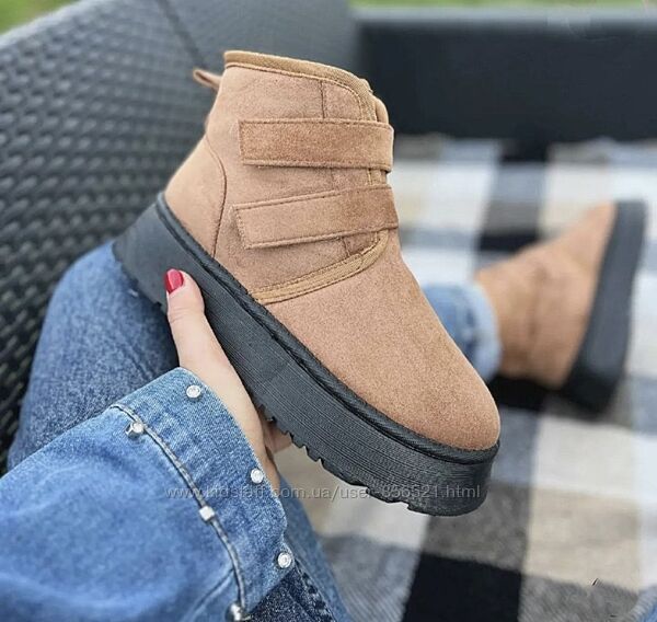Угги ботинки полусапожки на липучках на платформе черные рыжие высокие зима