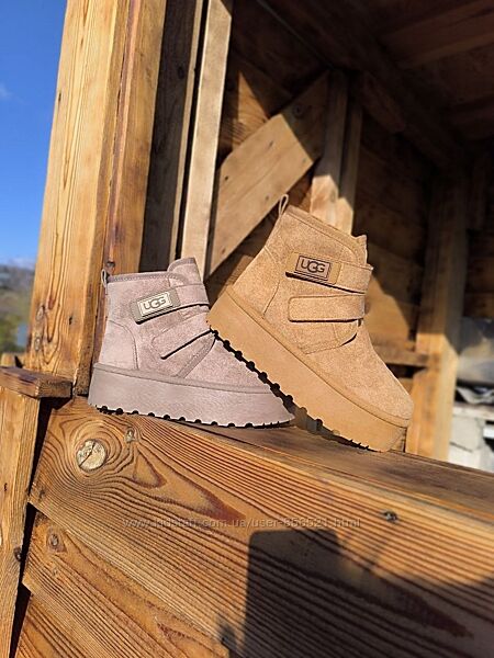 Угги ботиночки РЫЖИЕ CAMEL и БЕЖЕВЫЕ KHAKI на липучках и высокой подошве