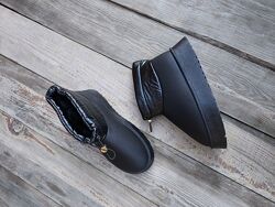 Акция Угги BLACK ЧЕРНЫЕ экоКожа короткие дутым Манжетом на высокой подошве