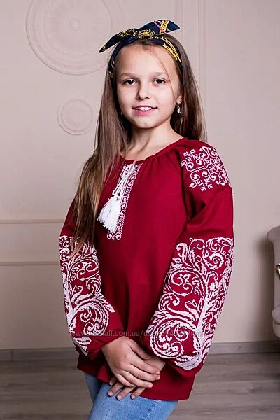 Вышиванка для девочки бордовая лён