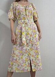Цветочное платье футляр миди с обьемными рукавами Warehouse коттон 