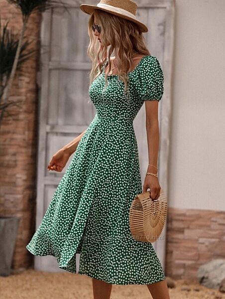 Зелёное платье миди Shein milkmaid рукава буфы 