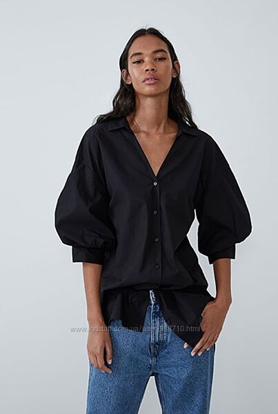 Черная рубашка оверсайз с обьемными рукавами Zara коттон