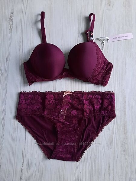 Комплект белья Victorias secret марсала бордовый dream angels пуш-ап 32С S
