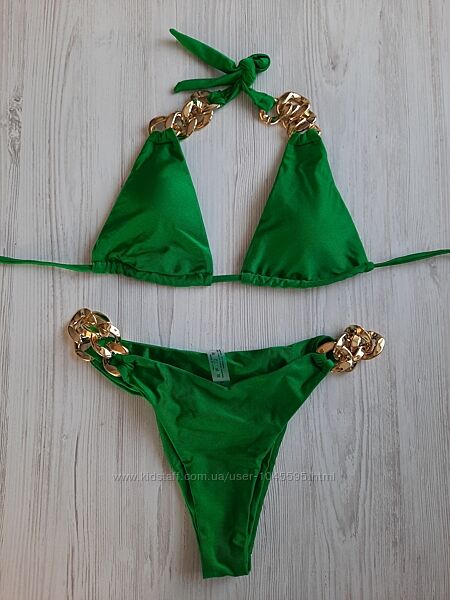 Зеленый купальник с золотыми цепями сексуальный S треугольники без пушапа