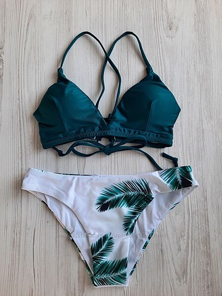 Зеленый белый изумрудный купальник shein топ без пуш-апа р. S  принт листья