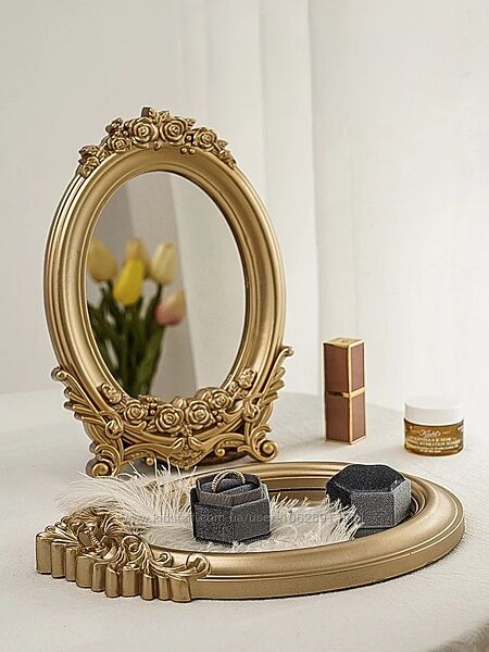Настільне дзеркало у вінтажному стилі для макіяжу, золотистий піднос