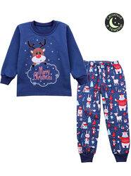 Утепленная детская пижама Фламинго Merry Christmas синяя 329-328