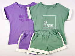 Комплект футболка и шорты для девочки Фламинго зеленый и сиреневый 837-416