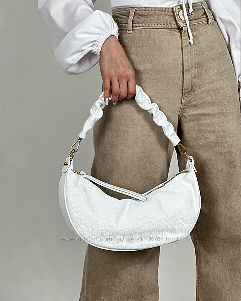 Жіноча модна шкіряна біла мяка сумка багет, Італія