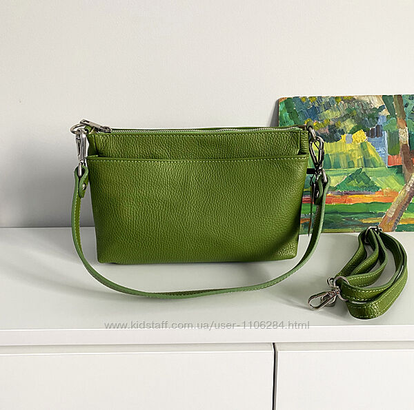 Зеленая стильна жіноча шкіряна сумка 3 відділення 2 ремені, Італія