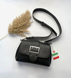 Итальянская кожаная черная сумка с декоративной пряжкой, Borse in Pelle