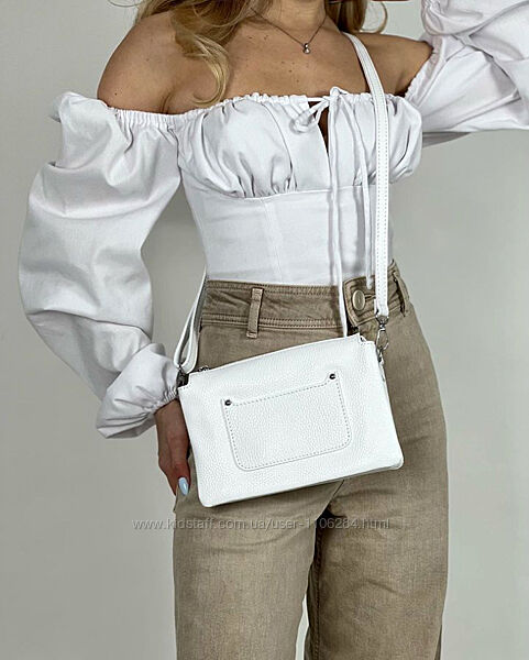 Біла стильна жіноча шкіряна сумка кросбоді 3 відділення, Італія