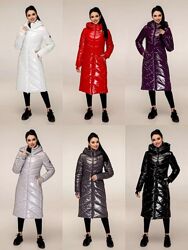 Лаковый зимний пуховик с митенками, женский пуховик за колено, р.44-54