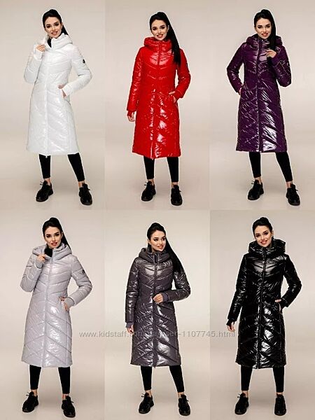 Лаковый зимний пуховик с митенками, женский пуховик за колено, р.44-54