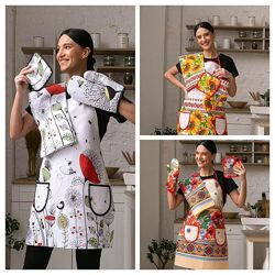 Кухонний набір 4в1 - фартух, рукавичка, прихватка, рушник із рогожки.