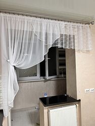 Белый тюль. Тюль для кухни. Готовый тюль. Короткий тюль. Арка на кухню.