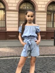 Літній костюм на дівчинку блакитного кольору Розмір 134, 140, 146, 152, 158