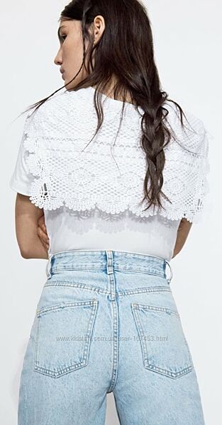 Новая футболка Zara с ажурным воротником, размер S