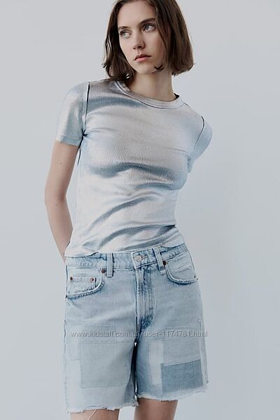 Шорты бермуды Зара Zara MID-RISE TRF DENIM PATCH SHORTS Blue
