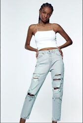 Модные джинсы зара мом Zara mom fit высокая посадка рваные Испания оригинал