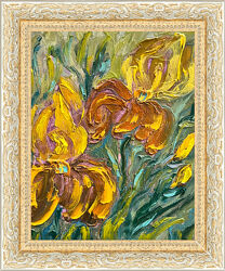 Картина с желтыми цветами Ирисами в рамке  