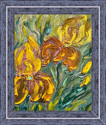 Цветы ирисы в рамке яркие желтые цветы картина на холсте масляными красками