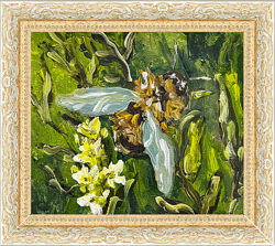 Картина шмель в рамке насекомое белые цветы природа живопись масло холст 