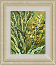 Картина зеленый сад желтые цветы масляными красками на холсте в рамке