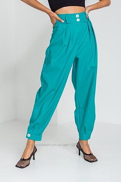Стильные повседневные женские бирюзовые брюки с высоким поясом и манжетами 