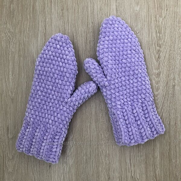  Варежки рукавицы вязаные ручная работа сливовые фиолетовые велюр новые han